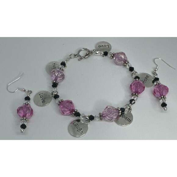Bracelet and Earring Set Light Pink Dark Pink Glass Beads Charms Toggle Clasp - Picture 3 of 12